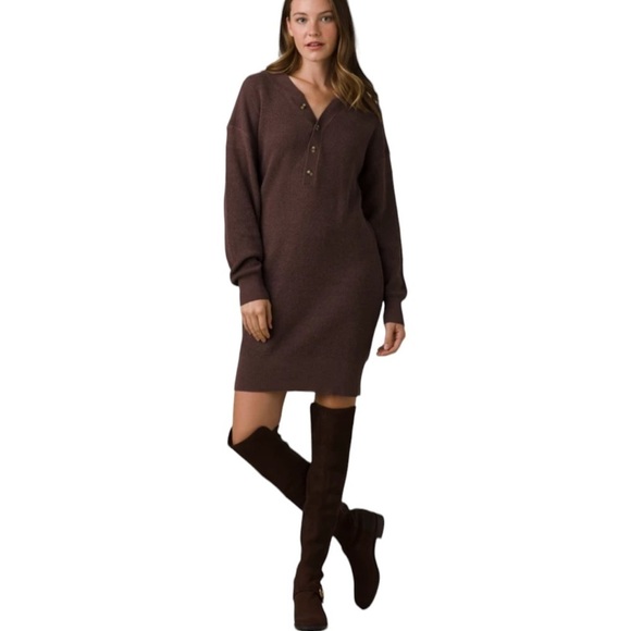 NEW PrAna Milani Henley Thermal Waffle Knit Dress in Clove Brown Size Medium - Picture 1 of 8